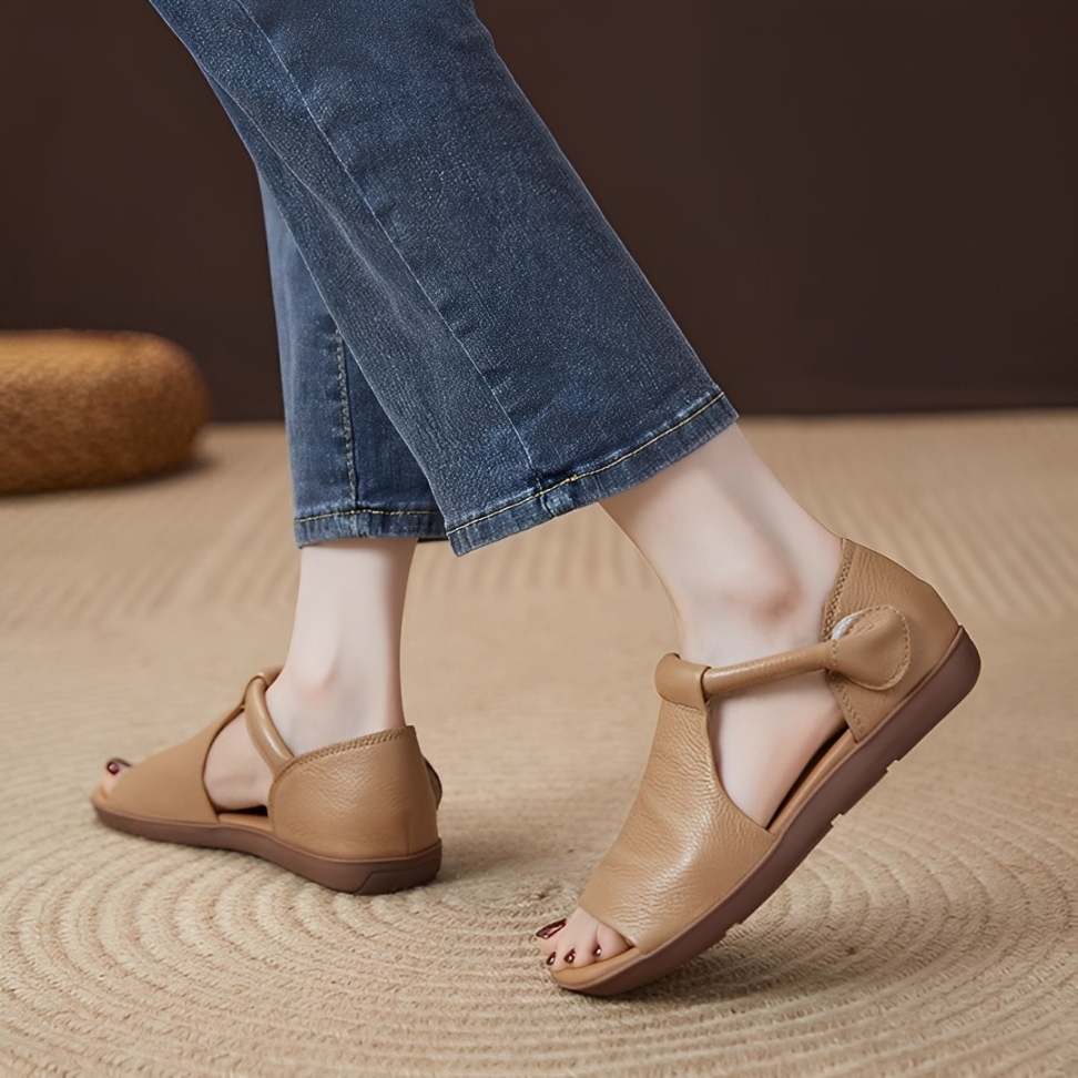 OCW Women Sandals Comfortable Flat Heels Cutout PU Leather Lightweight Minimalism Summer Design