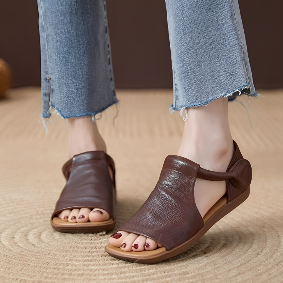 OCW Women Sandals Comfortable Flat Heels Cutout PU Leather Lightweight Minimalism Summer Design