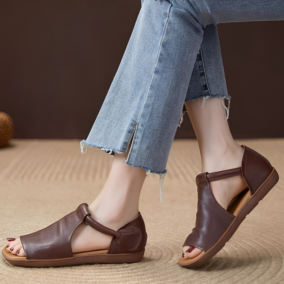OCW Women Sandals Comfortable Flat Heels Cutout PU Leather Lightweight Minimalism Summer Design