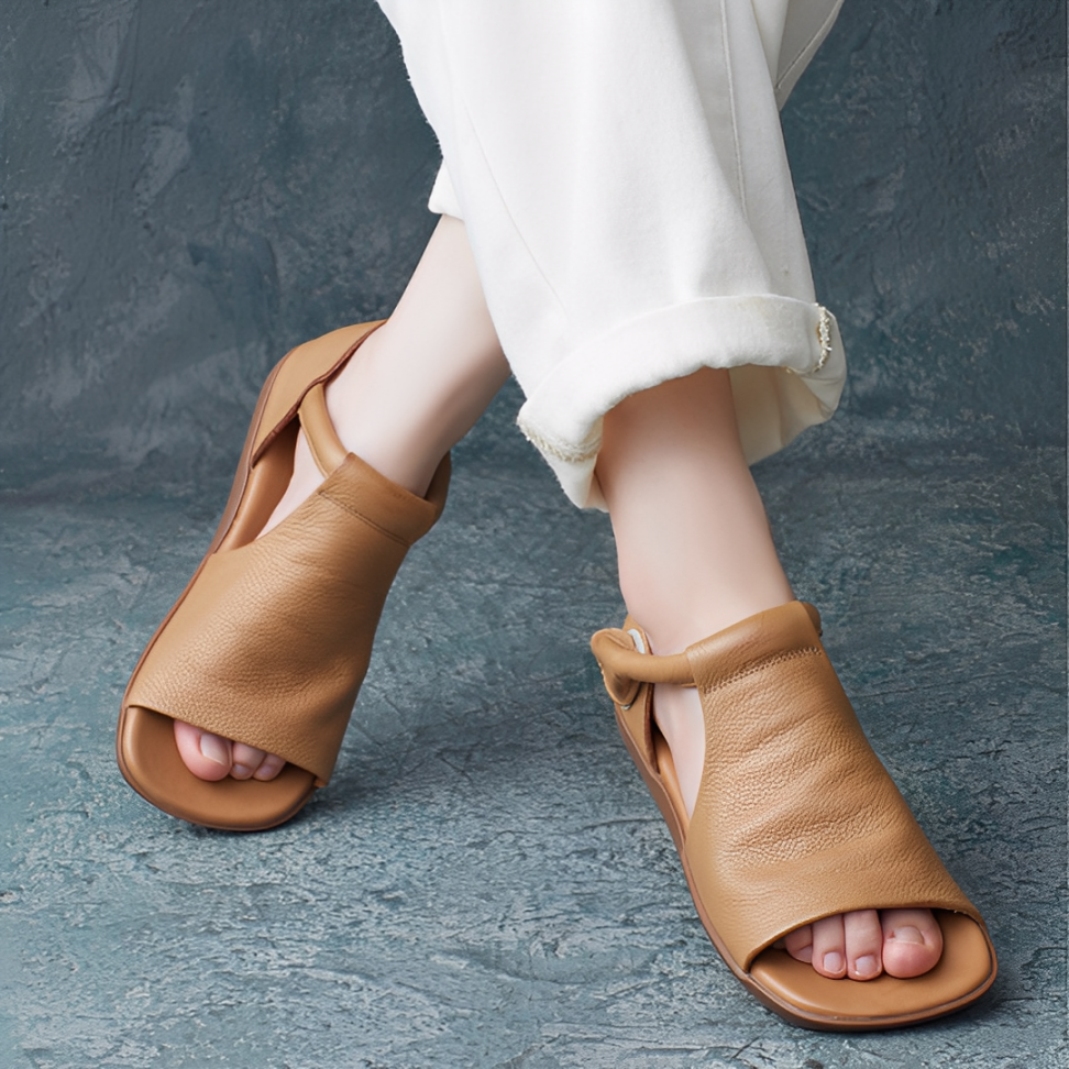 OCW Women Sandals Comfortable Flat Heels Cutout PU Leather Lightweight Minimalism Summer Design