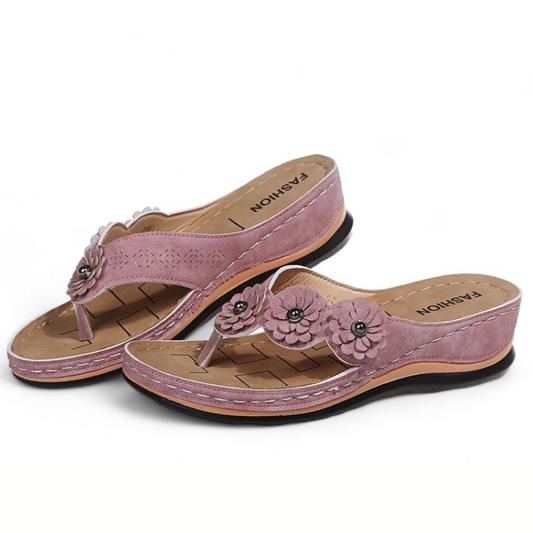 OCW Women Orthopedic Shoes Comfort Leather Flat Floral Summer Flip-flops