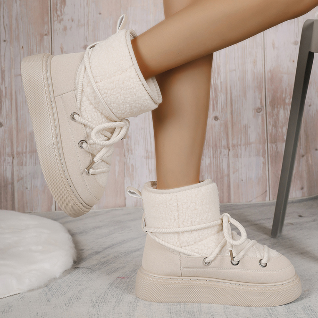 OCW Women Ankle Boots Winter Warm Fashion Cross-Tied Genuine Leather Snow Boots