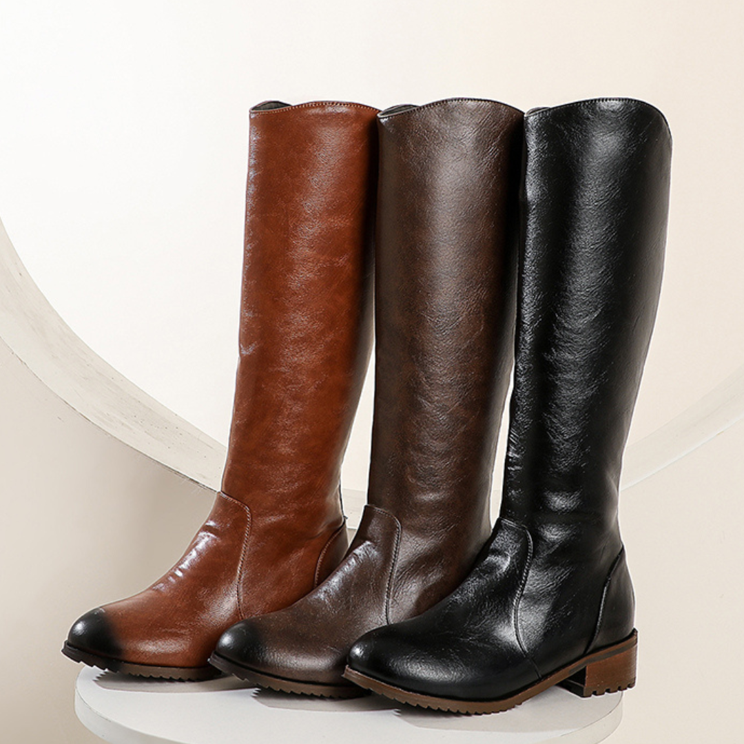 OCW Women Knee High Boots Round Toe Zipper Low Heel Genuine Leather OCWShoes