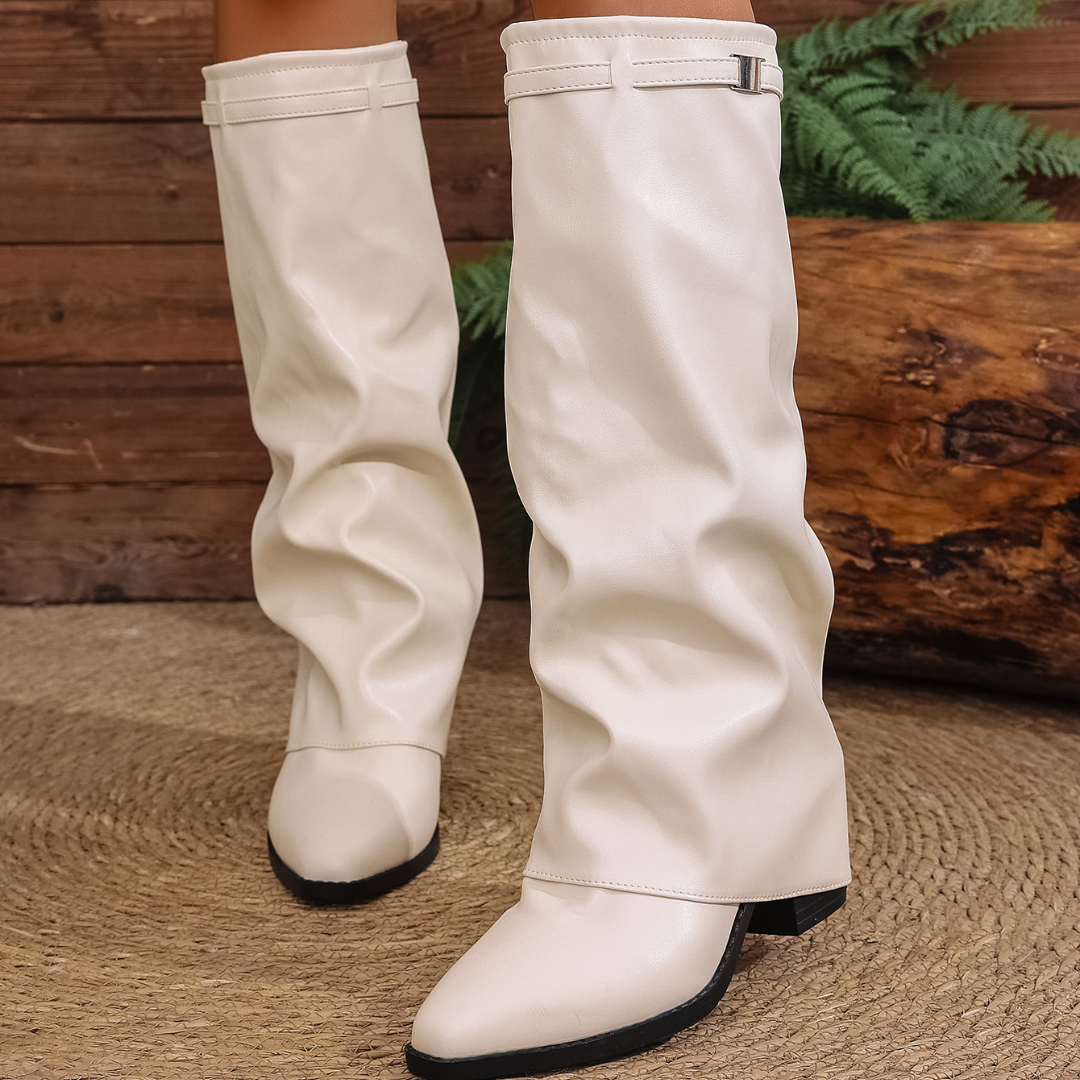 OCW Women Boots Comfortable Waterproof Knee-high Slouchy Leather Pointed Toe Fashionable Casual Walking