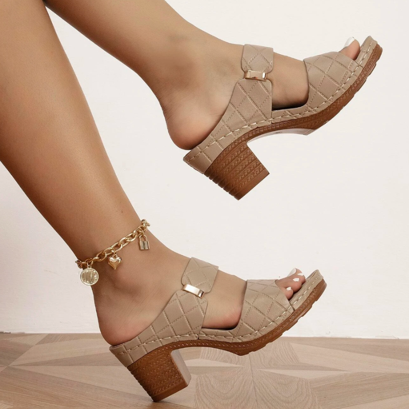 OCW Women Sandals Chunky Heeled Imitation Leather Mule Metal Strap Sandals