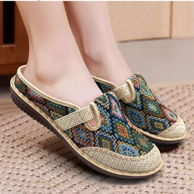 OCW Women Orthopedic Slipper Vintage Paisley Wedge Cloth Shoes Soft Sole Slip-on Muller OCWShoes