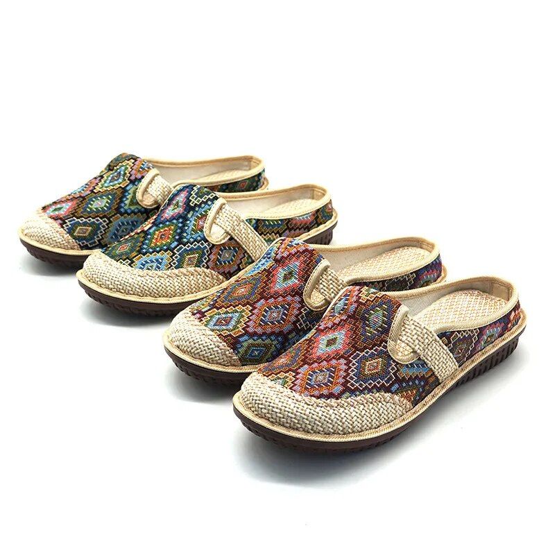 OCW Women Orthopedic Slipper Vintage Paisley Wedge Cloth Shoes Soft Sole Slip-on Muller OCWShoes