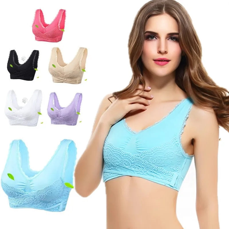 Lace Thin Front Closure Wireless Bra, Breathable Lace Trim Seamed
