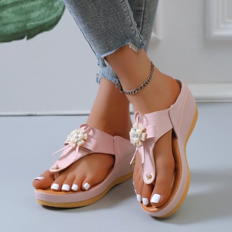OCW Women Orthopedic Sandals Vintage Flower Rhinestones Flip-flops Summer Beach Comfortable Flower Cute OCWShoes