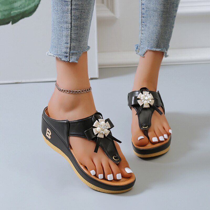 OCW Women Orthopedic Sandals Vintage Flower Rhinestones Flip-flops Summer Beach Comfortable Flower Cute OCWShoes