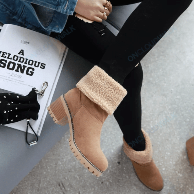 OCW Women Warm Large Size Fur Lining Square Heels Snow Boots OCWShoes