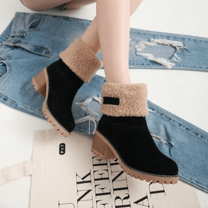 OCW Women Warm Large Size Fur Lining Square Heels Snow Boots OCWShoes