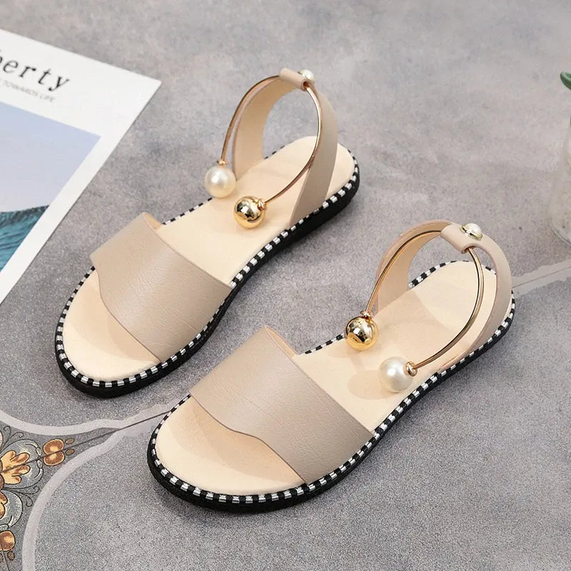 OCW Summer Premium Comfortable Pearl Buckle Women Leather Sandals OCWShoes