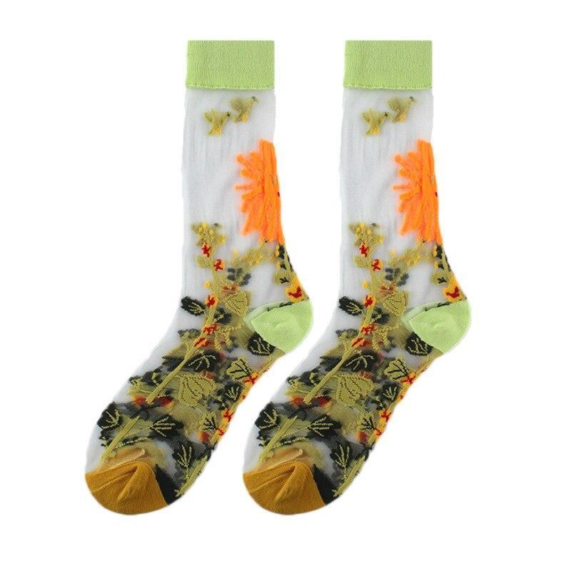 OCW Women Socks Tropical Sunflower Breathable Mesh Crew Silk Trendy Design (Set 10 Pairs) OCWShoes