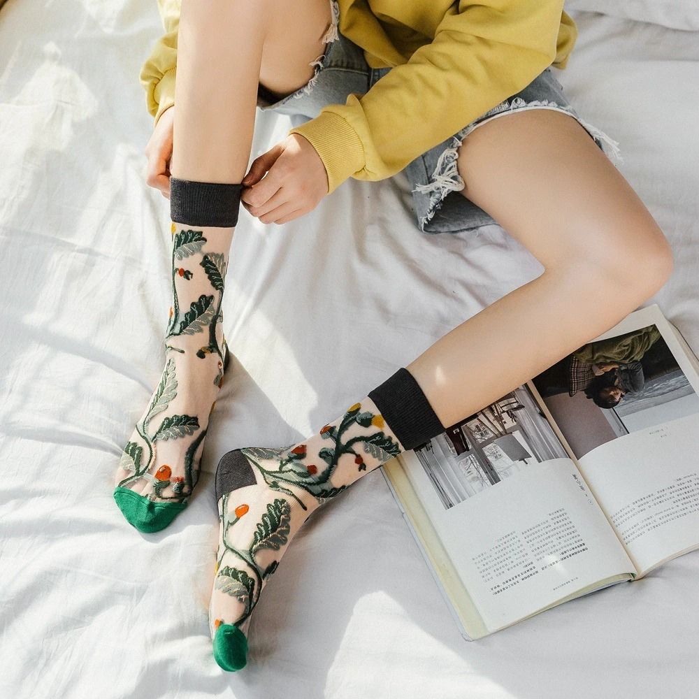 OCW Women Socks Tropical Sunflower Breathable Mesh Crew Silk Trendy Design (Set 10 Pairs) OCWShoes