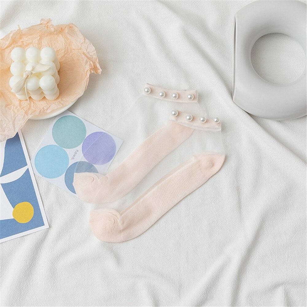 OCW Crystal Pearl Summer Socks Women Transparent Elastic Ultra Thin Silk Design (Set 10 pairs) OCWShoes