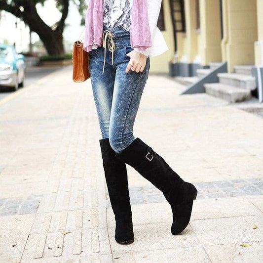 OCW Women Christmas Suede Knee Boots Warm Winter Snow Genuine Comfortable Leather