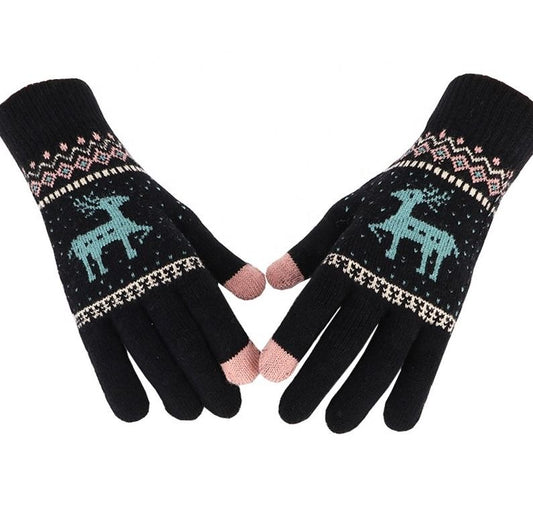 OCW X-Mas Thermal Gloves Knitted Thick Super Warm Deer Printed Full Fingers Touch Screen