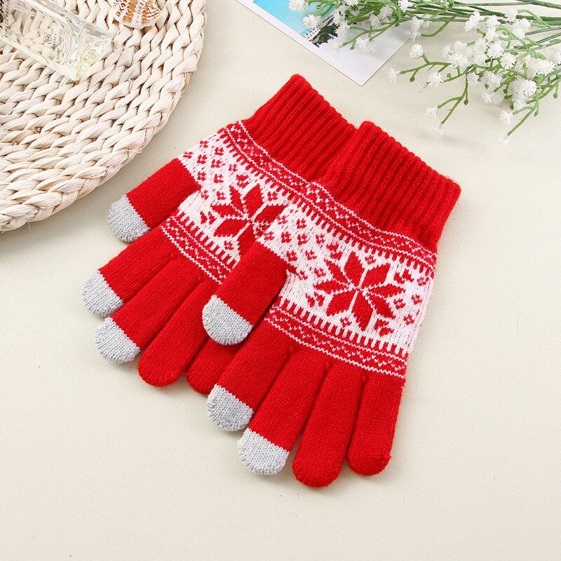 OCW Unisex Touch Screen Knitted Thick Warm Full Finger Snowflake Printed Winter Gloves