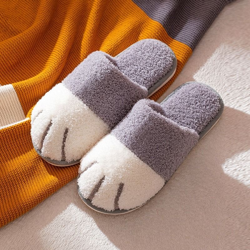 OCW Winter Indoor Slippers Cute Cat Paw Women Furry Plus Warm Soft Slides OCWShoes