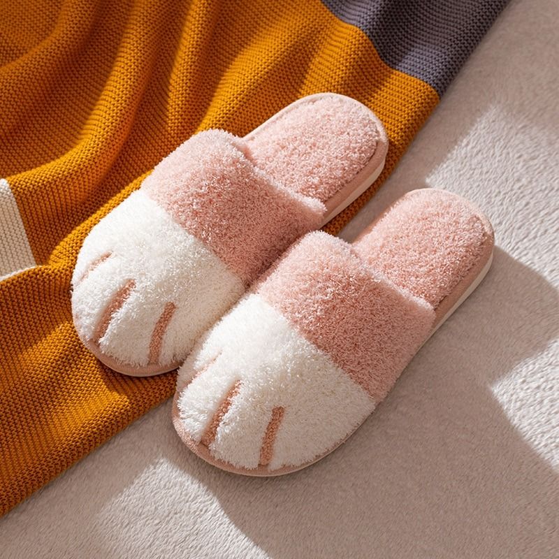 OCW Winter Indoor Slippers Cute Cat Paw Women Furry Plus Warm Soft Slides OCWShoes