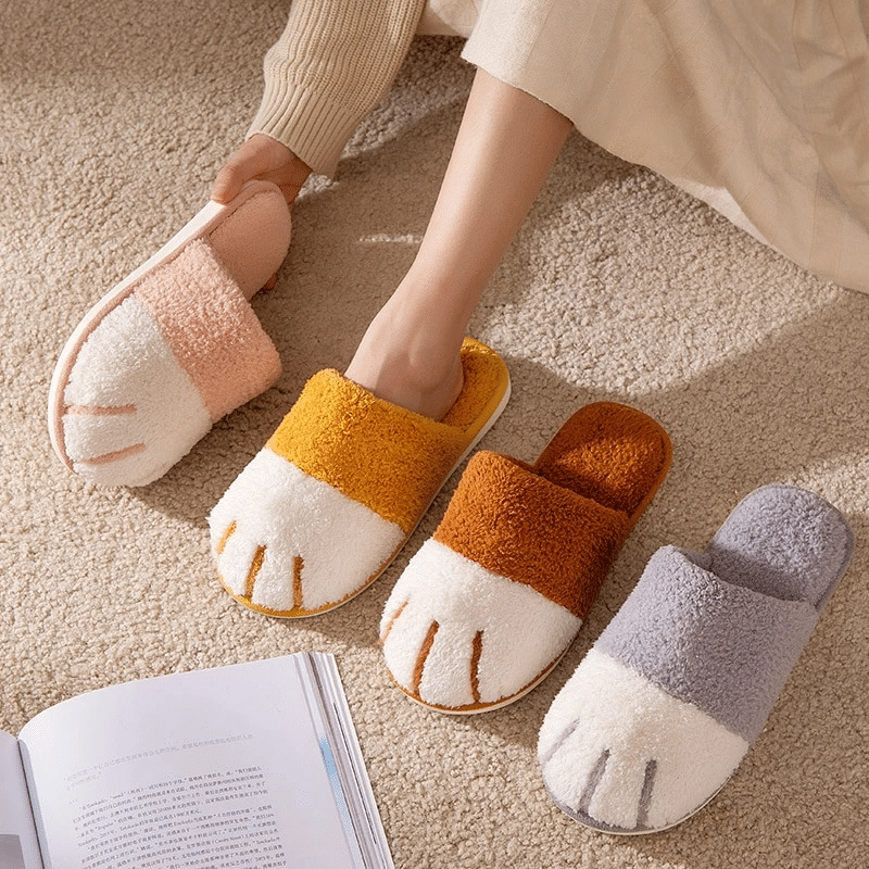 OCW Winter Indoor Slippers Cute Cat Paw Women Furry Plus Warm Soft Slides OCWShoes