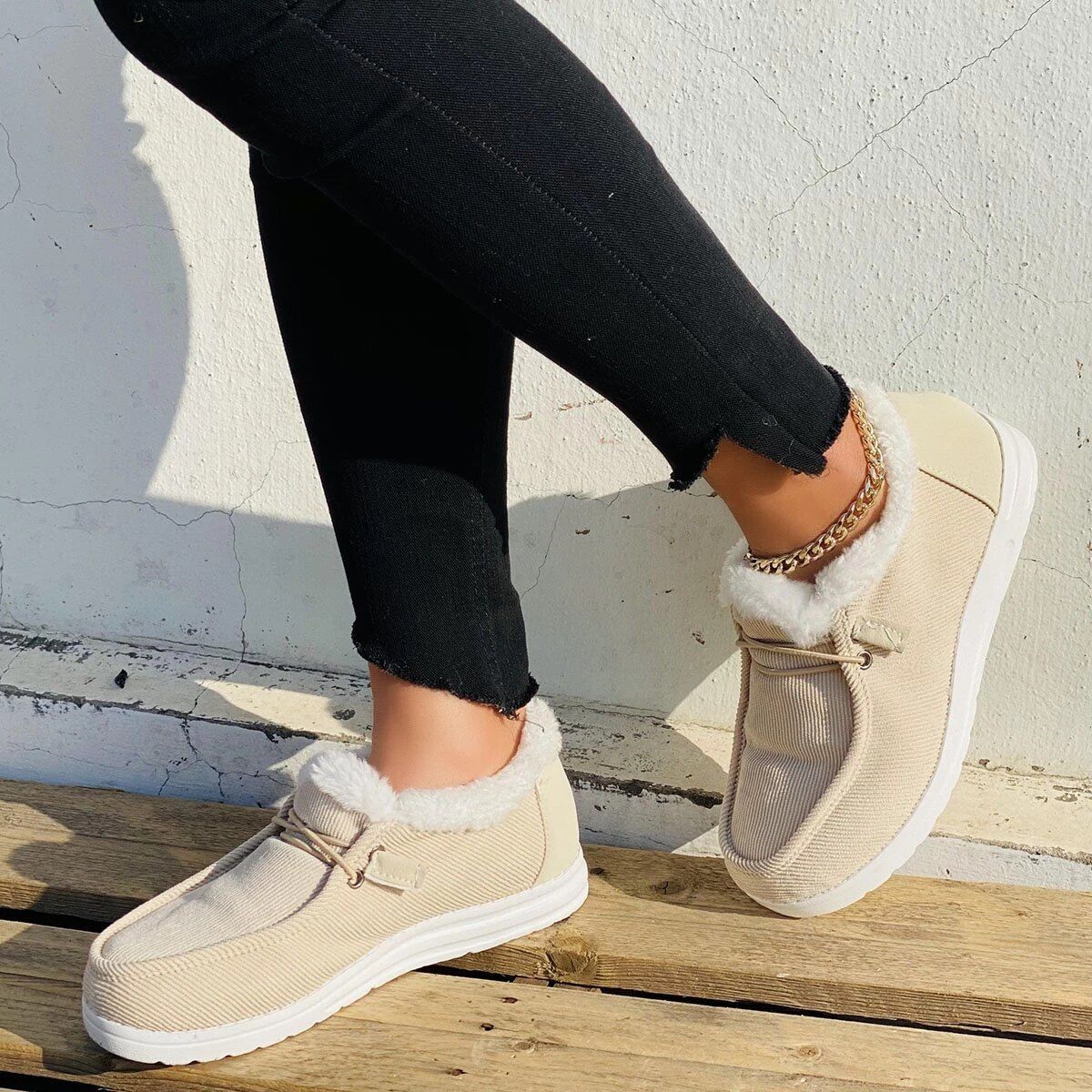 Women Casual Fashion Warm Plush Velvet Flat Fluffy Shoes For Winter OCWShoes