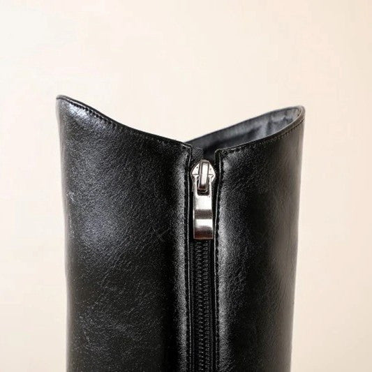 OCW Women Knee High Boots Round Toe Zipper Low Heel Genuine Leather OCWShoes