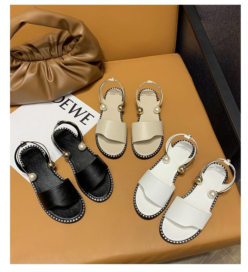 OCW Summer Premium Comfortable Pearl Buckle Women Leather Sandals OCWShoes