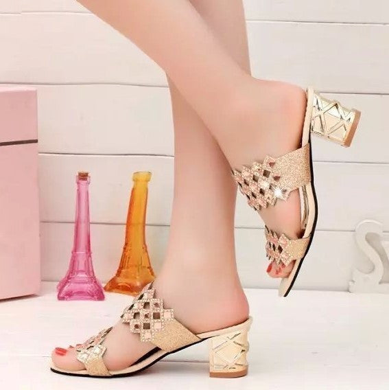 OCW Chunky Heel Sandals For Women Comfy Rhinestone Light Fashionable Footwear OCWShoes