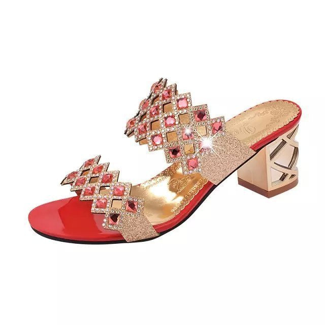 OCW Chunky Heel Sandals For Women Comfy Rhinestone Light Fashionable Footwear OCWShoes