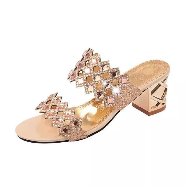 OCW Chunky Heel Sandals For Women Comfy Rhinestone Light Fashionable Footwear OCWShoes