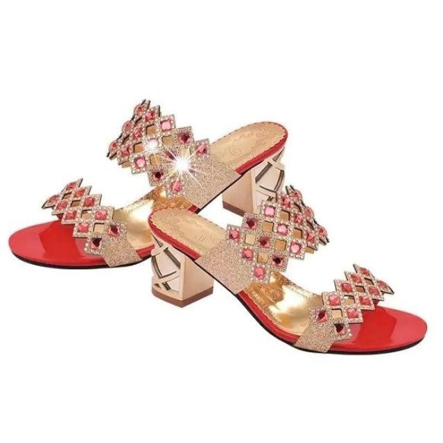 OCW Chunky Heel Sandals For Women Comfy Rhinestone Light Fashionable Footwear OCWShoes