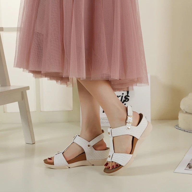 OCW Women Casual Vacation Comfy Design T-Strap Wedges Buckle Non-slip Sandals OCWShoes