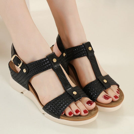 OCW Women Casual Vacation Comfy Design T-Strap Wedges Buckle Non-slip Sandals OCWShoes