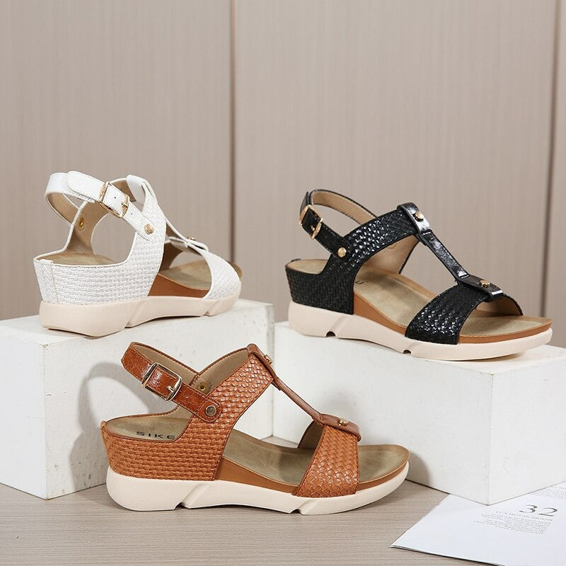 OCW Women Casual Vacation Comfy Design T-Strap Wedges Buckle Non-slip Sandals OCWShoes