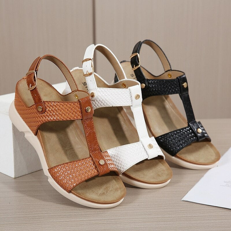 OCW Women Casual Vacation Comfy Design T-Strap Wedges Buckle Non-slip Sandals OCWShoes