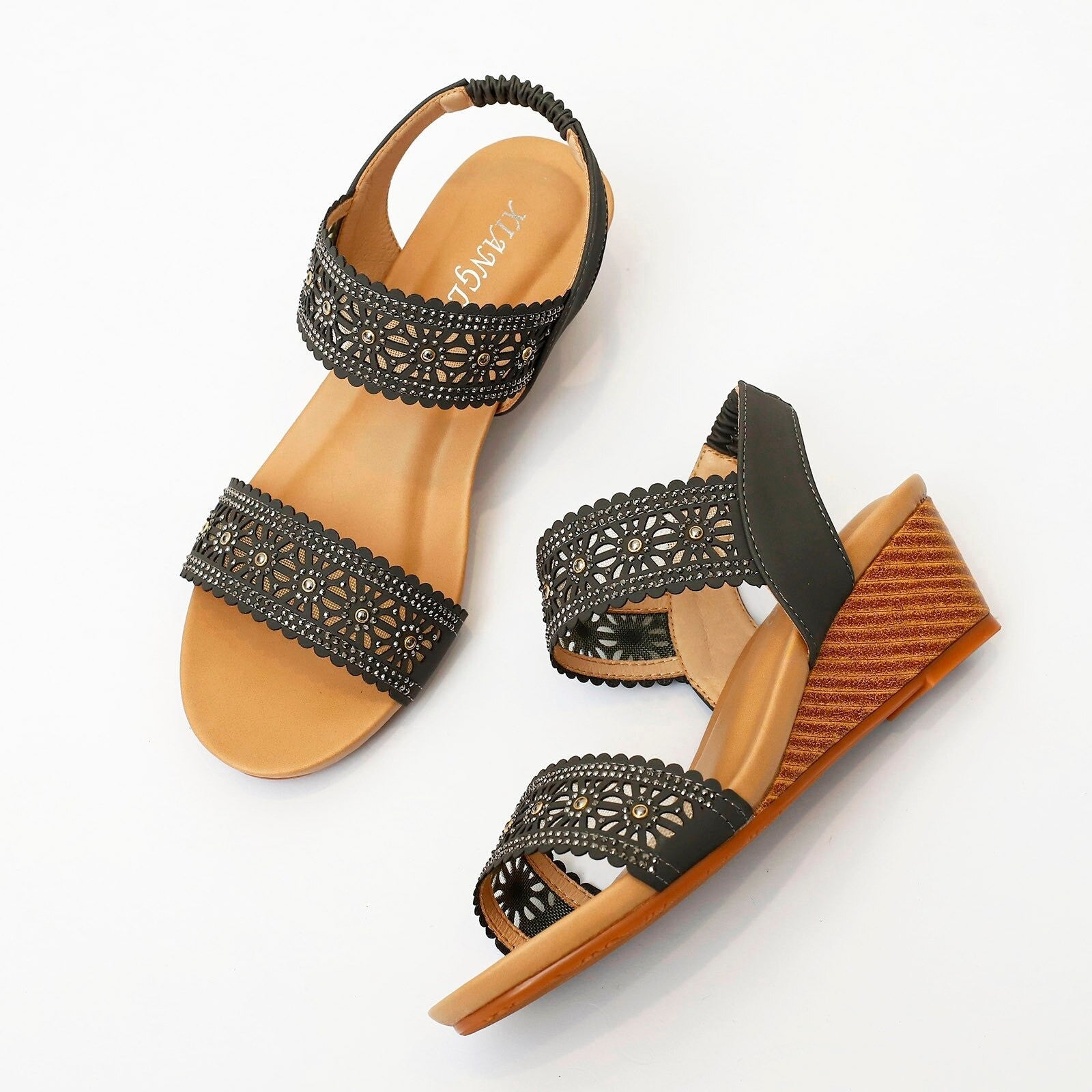 OCW Casual Comfy Soft Sandals For Women Breathable Hollow Rhinestone Embellished Wedges OCWShoes