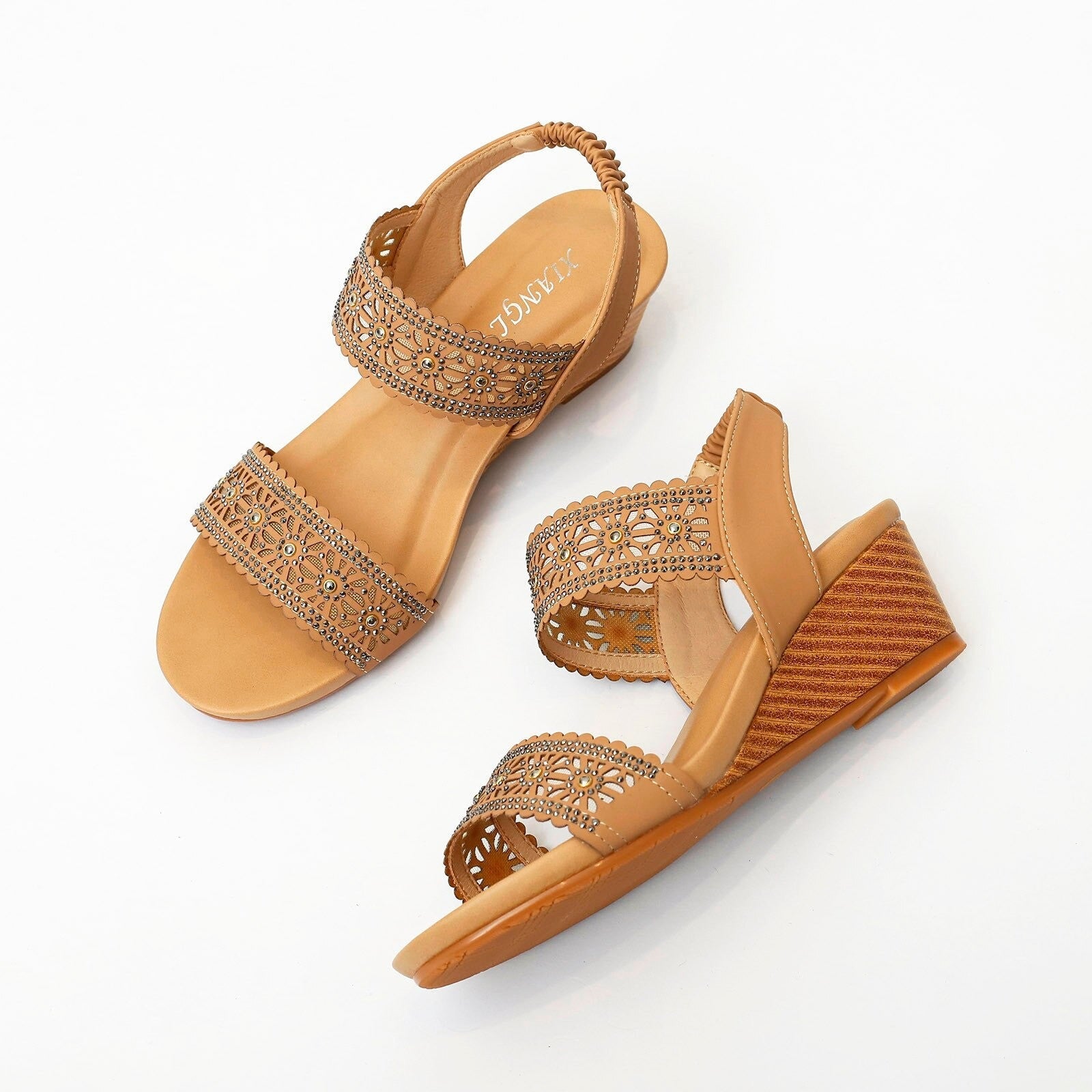 OCW Casual Comfy Soft Sandals For Women Breathable Hollow Rhinestone Embellished Wedges OCWShoes