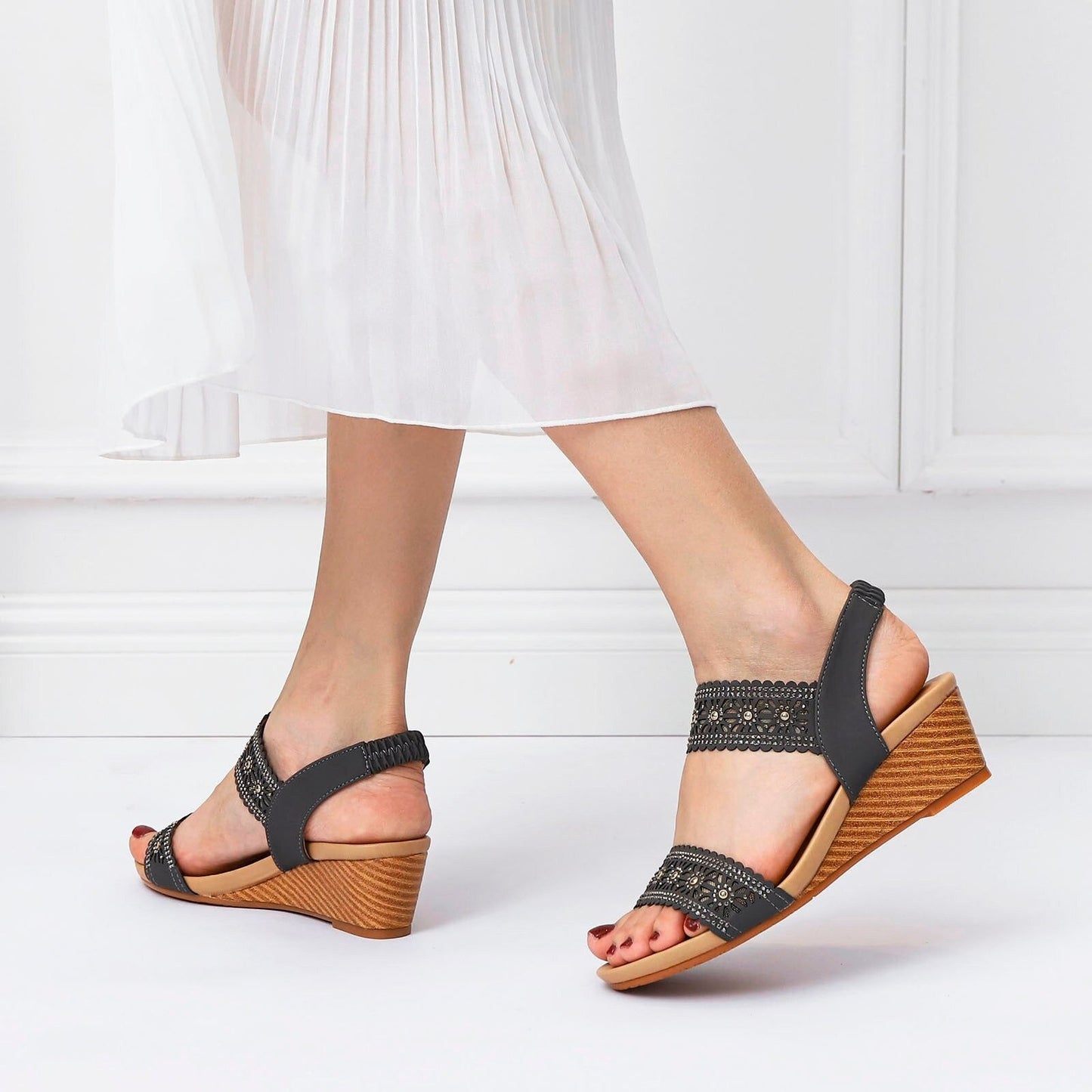 OCW Casual Comfy Soft Sandals For Women Breathable Hollow Rhinestone Embellished Wedges OCWShoes