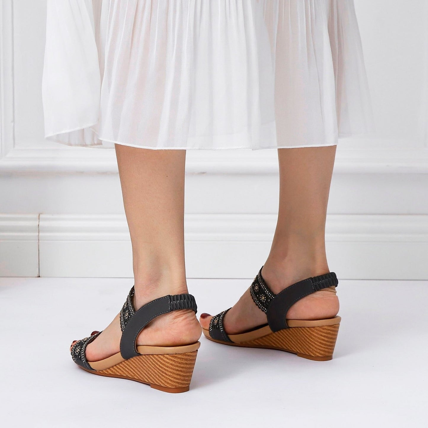 OCW Casual Comfy Soft Sandals For Women Breathable Hollow Rhinestone Embellished Wedges OCWShoes