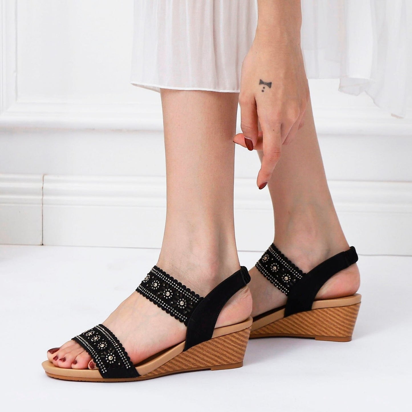OCW Casual Comfy Soft Sandals For Women Breathable Hollow Rhinestone Embellished Wedges OCWShoes