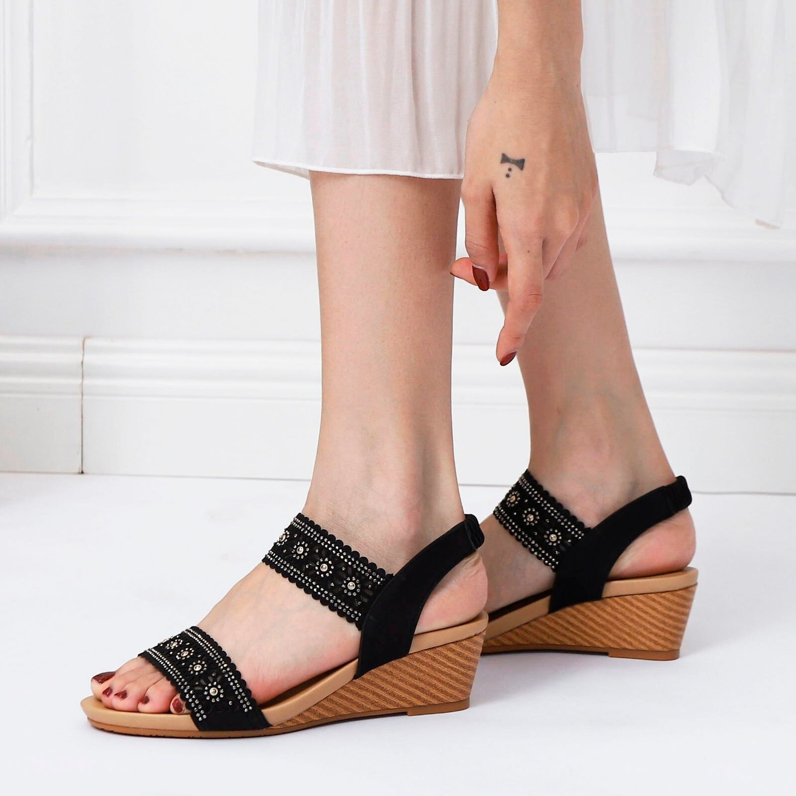 OCW Casual Comfy Soft Sandals For Women Breathable Hollow Rhinestone Embellished Wedges OCWShoes
