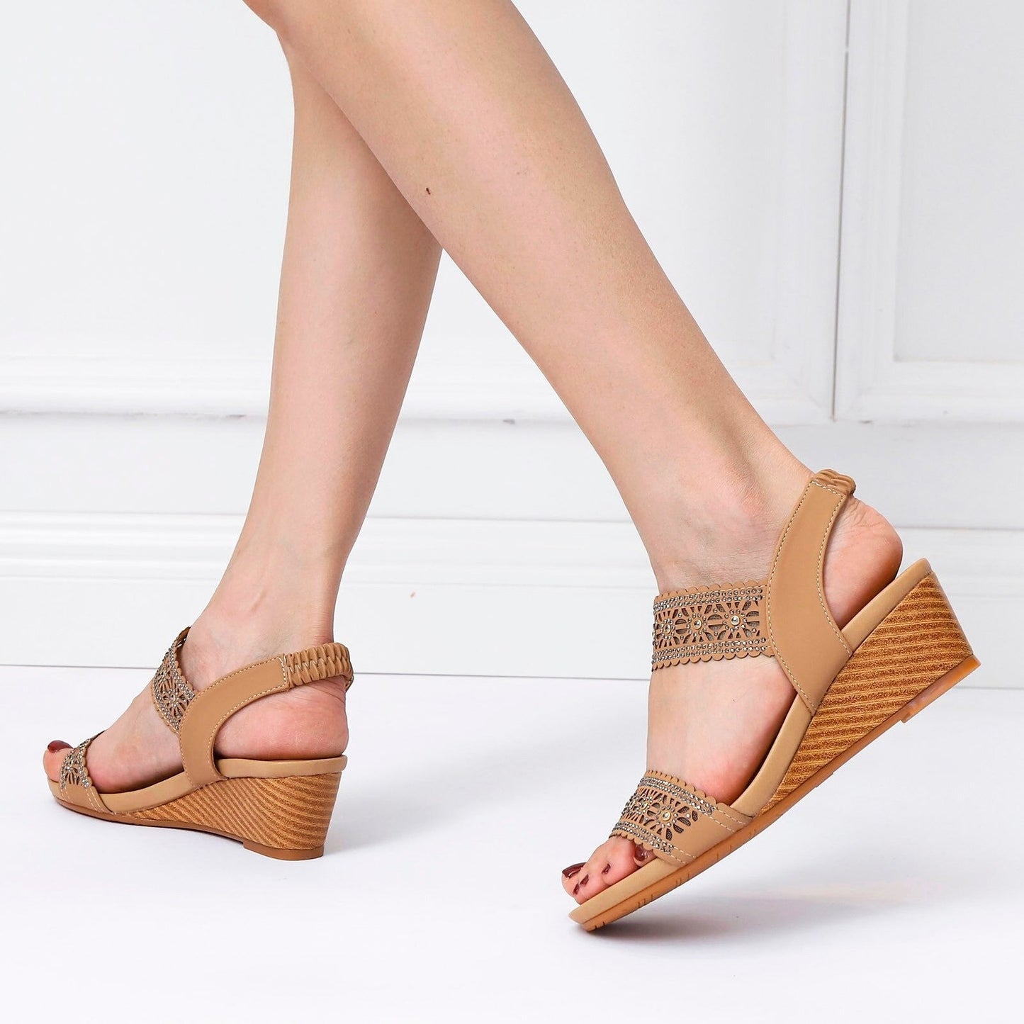 OCW Casual Comfy Soft Sandals For Women Breathable Hollow Rhinestone Embellished Wedges OCWShoes