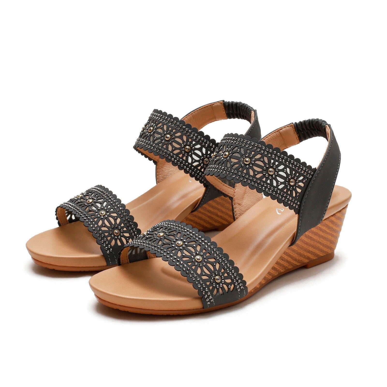 OCW Casual Comfy Soft Sandals For Women Breathable Hollow Rhinestone Embellished Wedges OCWShoes