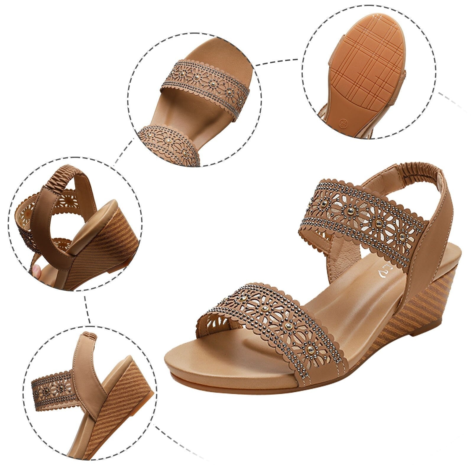 OCW Casual Comfy Soft Sandals For Women Breathable Hollow Rhinestone Embellished Wedges OCWShoes