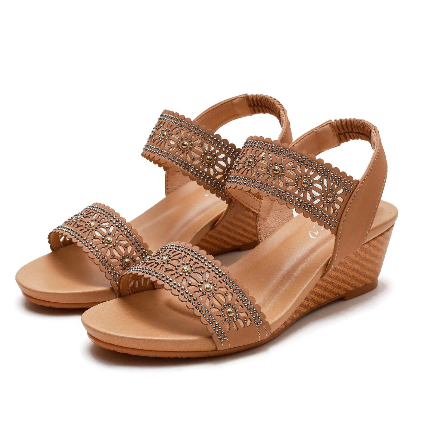 OCW Casual Comfy Soft Sandals For Women Breathable Hollow Rhinestone Embellished Wedges OCWShoes