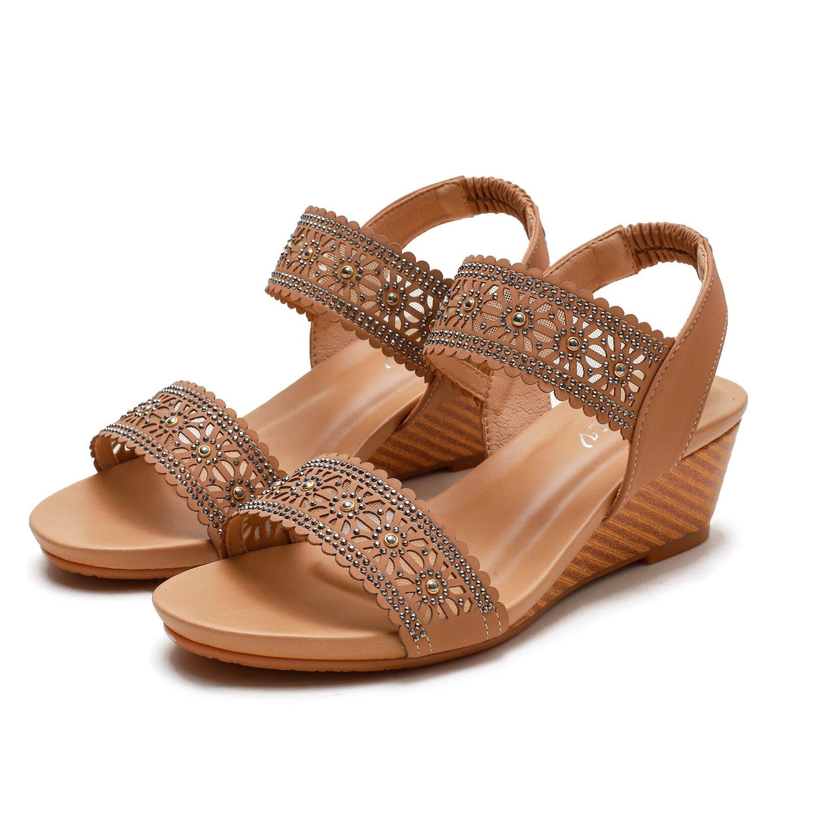 OCW Casual Comfy Soft Sandals For Women Breathable Hollow Rhinestone Embellished Wedges OCWShoes