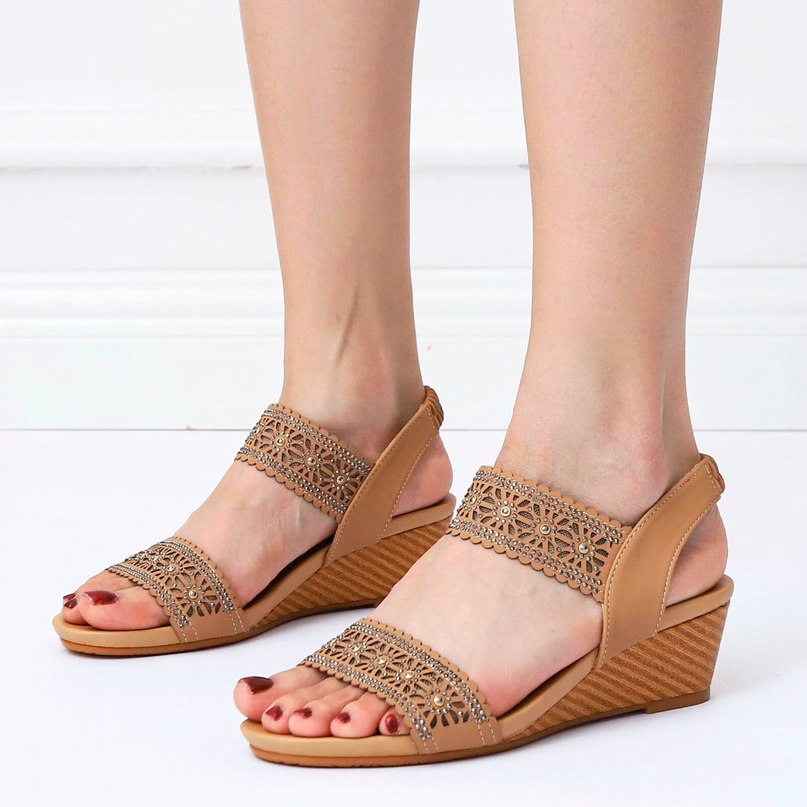 OCW Casual Comfy Soft Sandals For Women Breathable Hollow Rhinestone Embellished Wedges OCWShoes