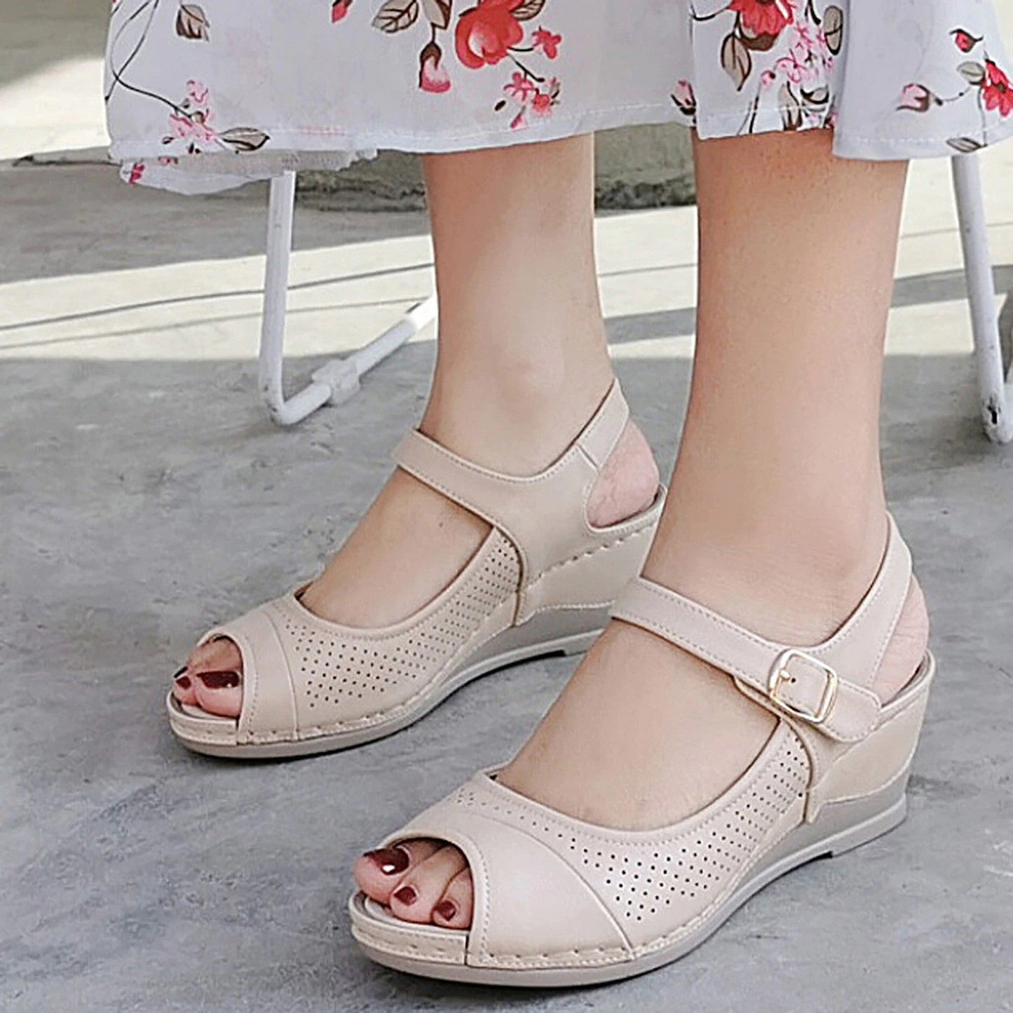 OCW Women Casual Open Peep Toe Sandals Breathable Hollow Hook Loop Wedge Comfortable OCWShoes